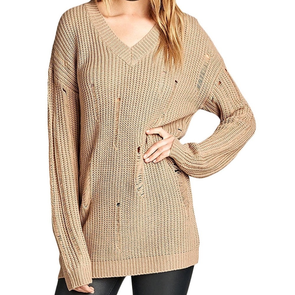 NWOT Distressed Dropped Long Sleeve Sweater in Khaki